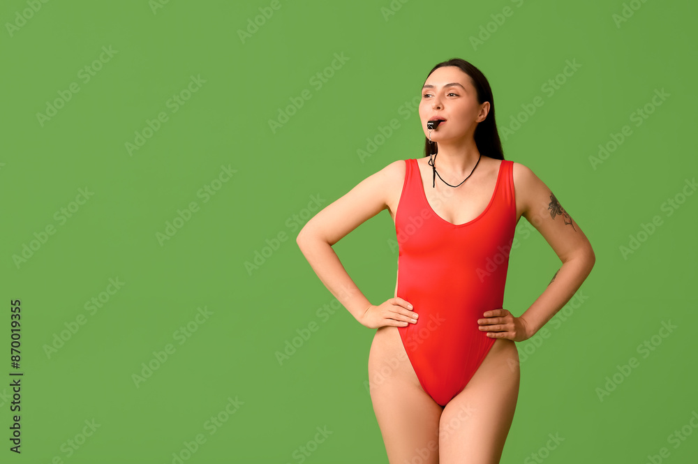 Female lifeguard blowing into whistle on green background