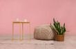 © Pixel-Shot - Pouf, houseplant and coffee table in living room