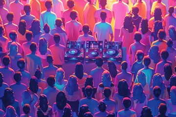 Canvas Print - DJ performing with a vibrant crowd and colorful lights creating a dynamic atmosphere