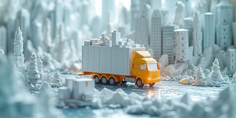 yellow delivery truck in a miniature city model. concept of logistics, transportation, shipping, sup