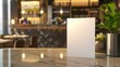 © Luiri Art - Minimalist white menu card on a sleek reception counter in an elegant restaurant with cozy, soft lighting and blurred background