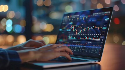 Person analyzing stock market data on a laptop with a financial trading graph screen, set against a bokeh background, in a dimly lit room.