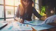 © stockpro - Focused woman analyzing financial charts at office desk during sunset. Analyzing data, working late, reviewing documents for business growth.