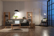 © Pixel-Shot - Interior of living room with comfortable sofa, table, racks and glowing lamps