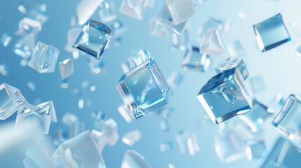 Fototapete - 3d render, glass or plastic cubes flying in different angles on blue texture background. Clear square boxes of acrylic or plexiglass, crystal block set, realistic mockup glowing geometric objects.