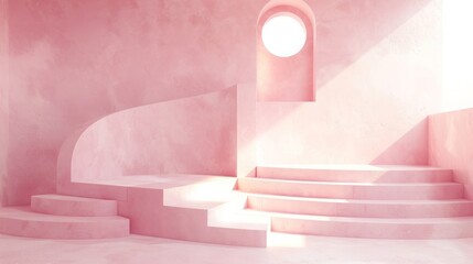 Wall Mural - 3d render, pink stairs, steps, abstract background in pastel colors, fashion podium, minimal scene, architectural block, design element