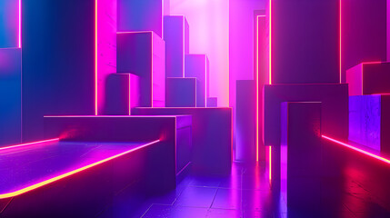 Poster - Vibrant neon light minimalist background with abstract geometric shapes decagonal motifs angular fragments and incandescent luminous tones