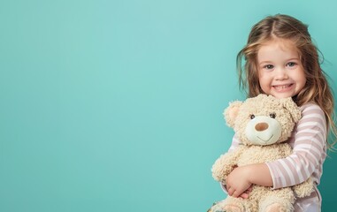 Happy little girl 5 or 6 years old, wearing casual clothes, hugging a teddy bear on a pastel green background, photo studio portrait, copy space. Advertisement for toy store or children's affairs