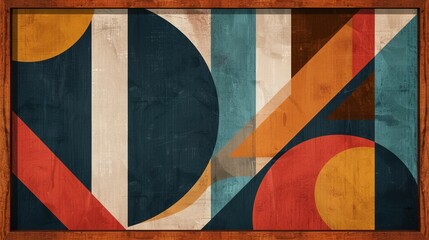 Wall Mural - Chic Mid-Century Modern Background with Retro Geometric Patterns and a Sleek Teak Wood Frame