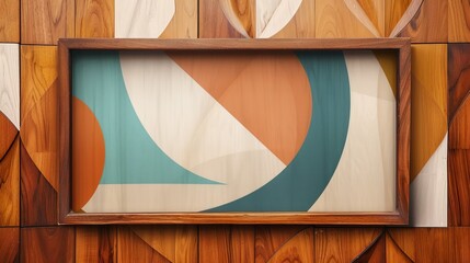 Wall Mural - Chic Mid-Century Modern Background with Retro Geometric Patterns and a Sleek Teak Wood Frame