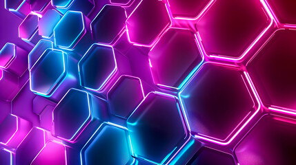 Poster - Mesmerizing neon light and geometric shapes create a captivating minimalist abstract background  Radiant hexagonal honeycomb pattern vivid color palette
