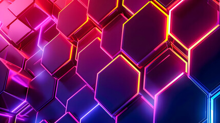 Poster - Mesmerizing neon geometric abstraction with radiant honeycomb lattice  Vibrant futuristic digital art featuring dynamic polygon patterns glowing gradients and prismatic textures