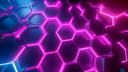 Poster - Neon Light Minimalist Abstract Geometric Shapes Hexagonal Honeycomb Lattice with Radiant Hues Vibrant Art
