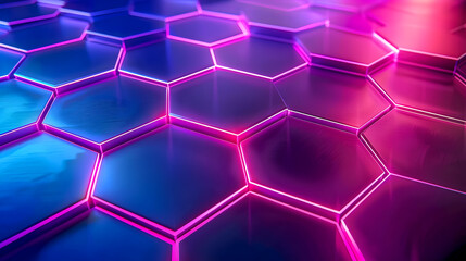Poster - Vibrant neon geometric honeycomb lattice pattern with radiant hues and abstract minimalist design  Futuristic architectural minimalism art background