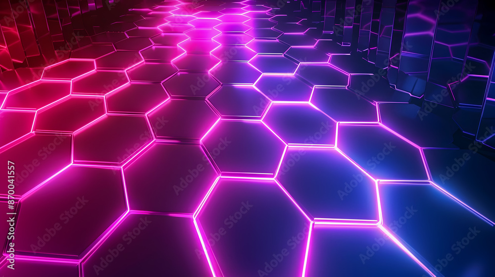 Mesmerizing neon geometric landscape with radiant hexagonal lattice