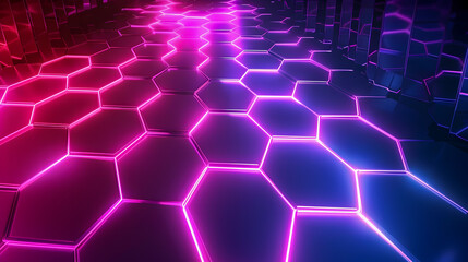 Poster - Mesmerizing neon geometric landscape with radiant hexagonal lattice abstract minimalist background with dynamic patterns futuristic digital art of modern architectural minimalism