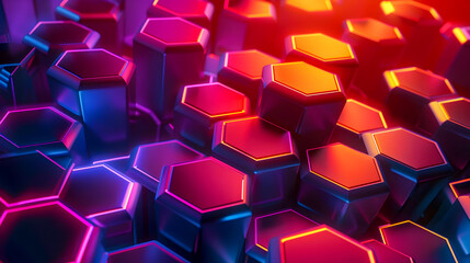 Poster - Captivating abstract background with a mesmerizing neon geometric lattice composed of vibrant hexagonal shapes in a radiant gradient of futuristic digital minimalism