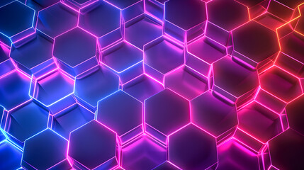 Poster - Mesmerizing Neon Geometric Shapes in Minimalist Architectural Background with Vivid Radiant Hues Futuristic Digital Art Captivating Honeycomb Lattice Pattern
