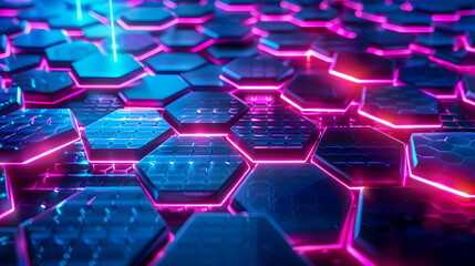 Poster - Striking minimalist digital background with a futuristic honeycomb pattern of vibrant neon hexagonal shapes geometric lattice and radiant prismatic lighting effects