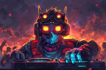 Wall Mural - dj in a neon lit cyberpunk setting with vibrant lights creating an energetic atmosphere