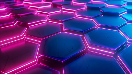Poster - Vibrant neon hexagonal and geometric shapes create a radiant futuristic and minimalist abstract background with a digital technological and architectural aesthetic