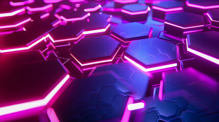 Poster - Radiant neon geometric minimalist background with abstract glowing hexagonal honeycomb lattice patterns futuristic digital 3D render with vivid color hues and architectural minimalist aesthetic