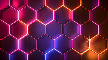 Poster - Vibrant neon geometric minimalist abstract background with radiant hexagonal honeycomb lattice  Futuristic digital art with luminous lighting dynamic energy and a captivating modern aesthetic