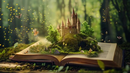 Magic book with fairy tale castle in the forest. Fantasy world.