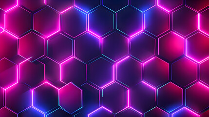 Poster - Mesmerizing neon geometric abstract minimalist background with radiant hexagonal lattice featuring a dynamic mosaic of glowing vibrant hues  This futuristic ultramodern design creates a hypnotic