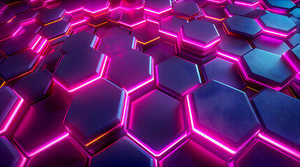 Poster - Radiant neon geometric minimalist background with vibrant hexagonal shapes and a luminous lattice of interconnected polygons  Futuristic digital artwork with a bold dynamic and electric aesthetic