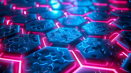 Poster - Mesmerizing Hexagon Pattern with Glowing Neon Lights and Dynamic Shapes in a Futuristic Backdrop  Abstract digital and technology inspired background with a captivating enchanting