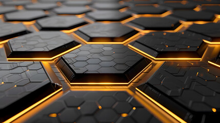 Poster - Luxurious black metal hexagonal abstract background with intricate golden light lines sleek geometric patterns metallic sheen and radiant illumination showcasing a modern industrial design concept