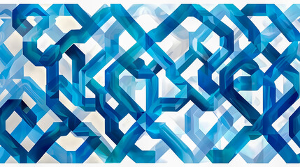 Poster - Sleek and Minimalist Digital Painting Featuring Intricate Interlocking Geometric Motifs in Shades of Azure and Cerulean Against a Crisp White Background