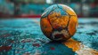 © aicandy - A vividly colored, weathered soccer ball placed on a rain-soaked, multi-colored court, evoking a sense of nostalgia and the timeless appeal of sports