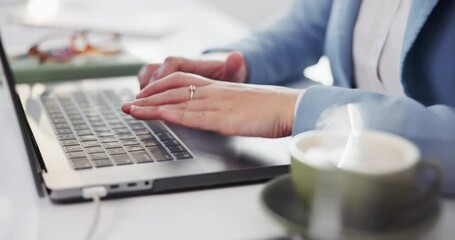 Poster - Office, laptop and hands of business person at desk for online project, planning and writing email. Corporate, professional and closeup of worker typing on computer for review, website and research