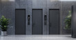 © Five Million Stocks - Black and gray doors in the office on a concrete background, Modern hallway with three dark grey doors and stylish potted plants on both sides. The minimalist and sleek design of the corridor