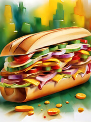 Wall Mural - Delicious sandwich Watercolor style Wall art.