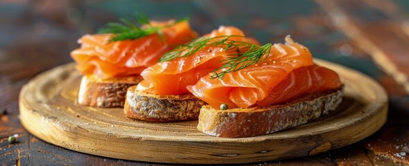 Wall Mural - Smoked Salmon Canapes With Dill and Black Pepper on Rustic Wooden Board