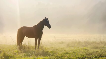 Wall Mural - Solitary horse stands in misty field at sunrise