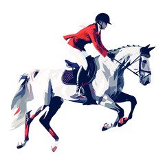 Professional athlete female performing equestrian sport with white horse. Minimal colorful illustration