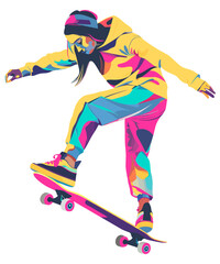 Professional female skate boarder. Vector design, colorful geometric illustration