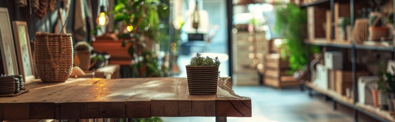 Wall Mural - Cozy Store Interior with Wooden Furniture and Plants