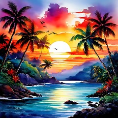 Canvas Print - A vibrant sunset over a tropical island with palm trees, a calm ocean, and birds flying in the sky