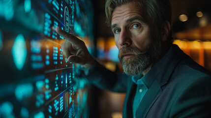 Poster - A professional businessman in a suit, pointing at a big screen with financial graphs on it while standing against a glass wall in a dark office