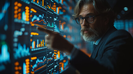 Poster - A professional businessman in a suit, pointing at a big screen with financial graphs on it while standing against a glass wall in a dark office