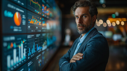 Poster - Professional Man in a suit, presenting data and graphs on a big screen at a corporate office conference room