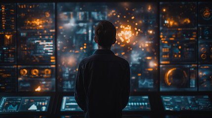 Poster - Businessman to view real-time data on a screen while standing in front of a digital wall with graphs and charts in a office