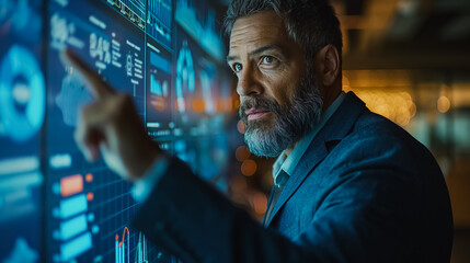 Poster - Professional Man in a suit, presenting data and graphs on a big screen at a corporate office conference room