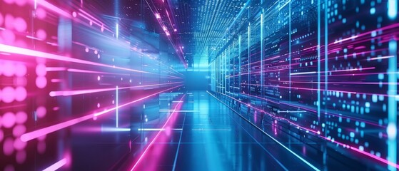 Poster - Abstract futuristic technology abstract background with lines for network, big data, data center, server, internet, speed. dark blue and pink neon lights into digital technology tunnel 