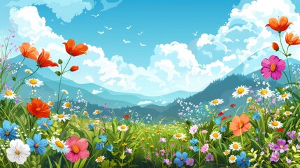 Sticker - Spring Background with a Meadow Decorated with Wild Flowers 